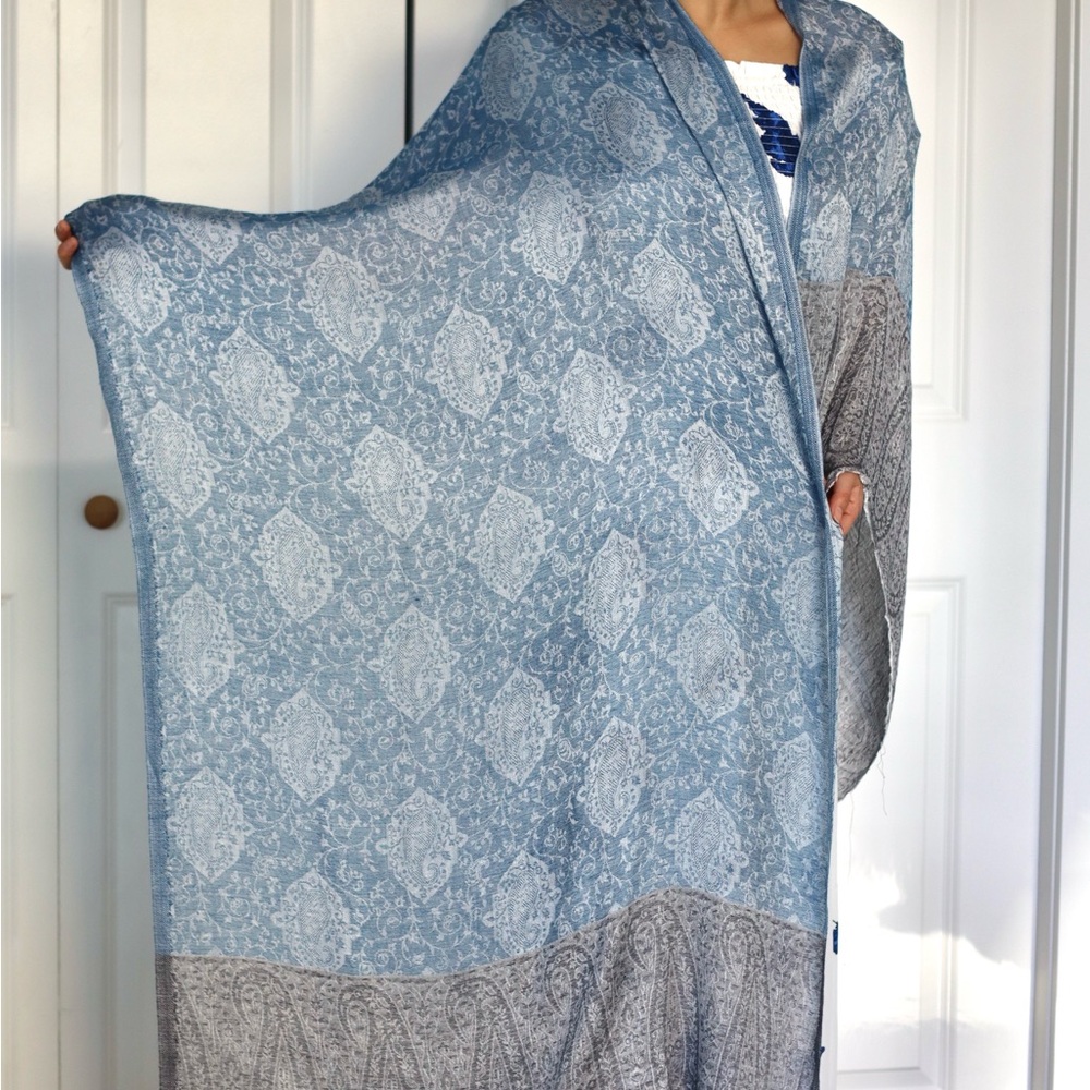 Elegant Blue 30%Silk 70%Cashmere Handmade Luxury Paisley Pashimina Scarf/Shawl